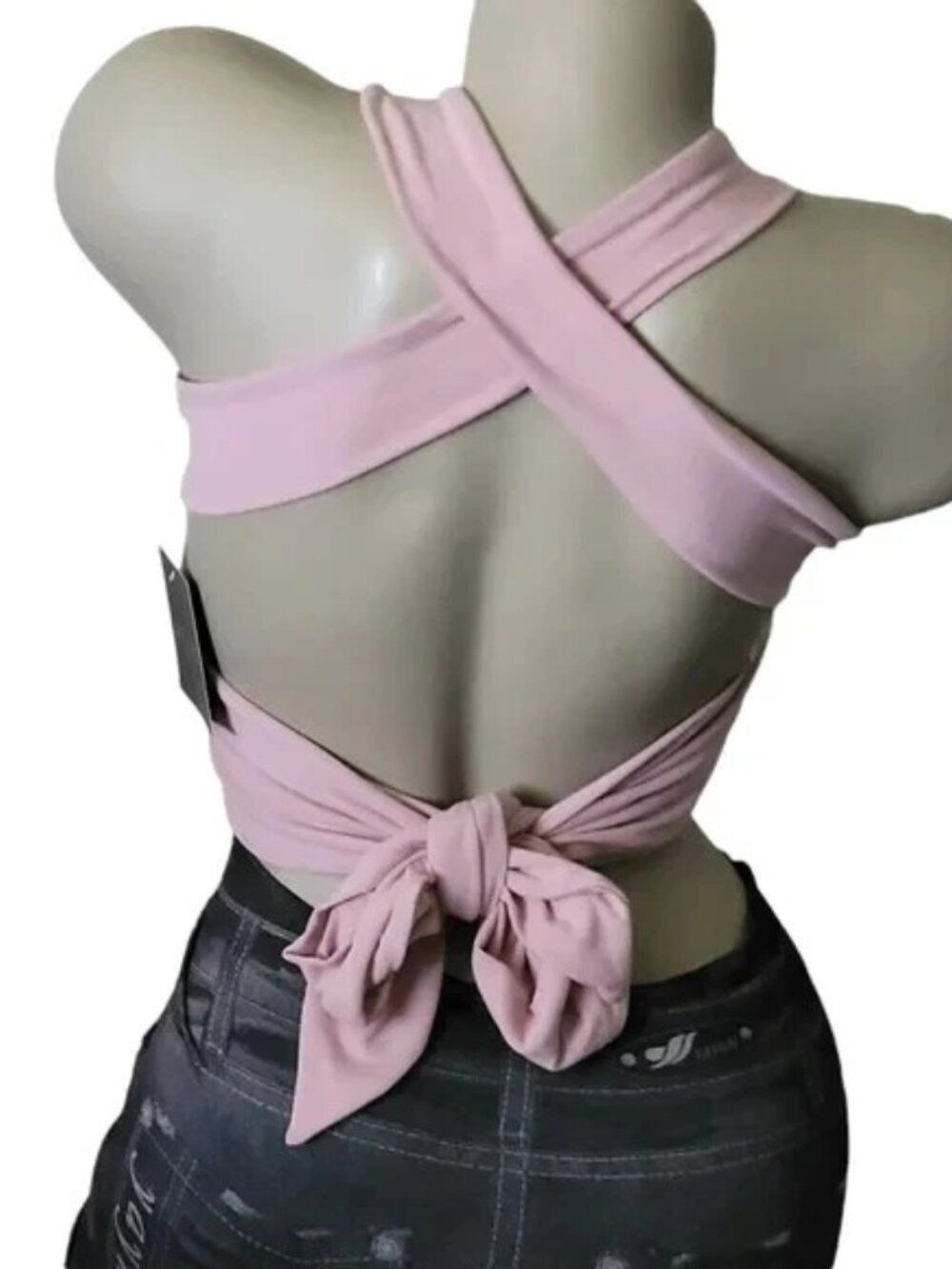 Le Lis Smocked Criss-Cross Back Self-Tie Strap Sleeveless Crop Top Mauve Pink - Picture 5 of 7